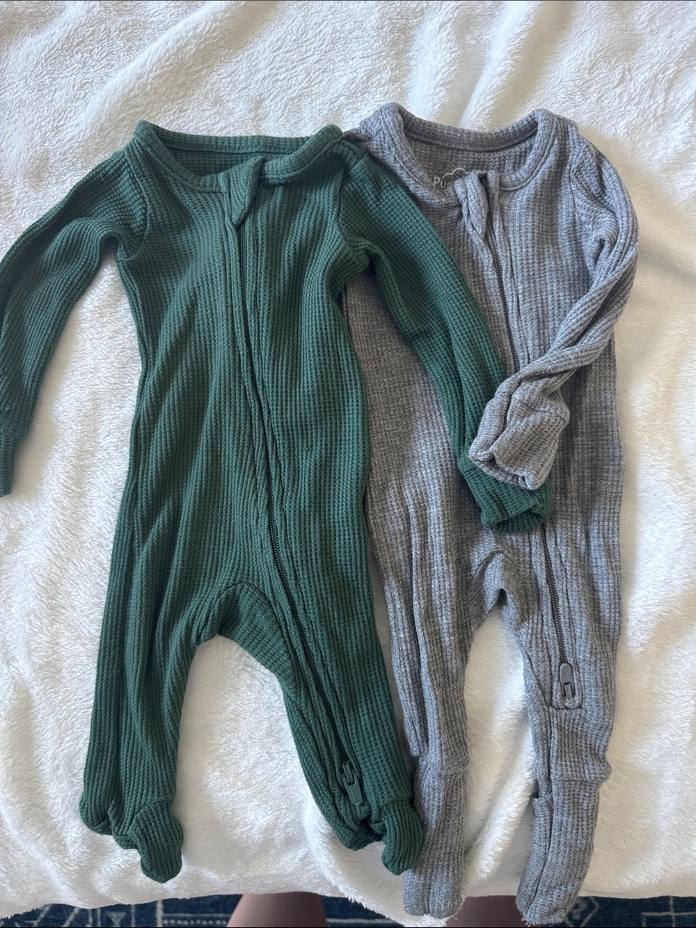PREMIE Waffle-Knit Footed One-Piece in Teal Green And Grey